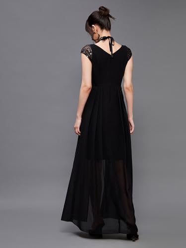 Image of Miss Chase Women's Round Neck Sleeve Embellished Fit Flare Maxi Dress