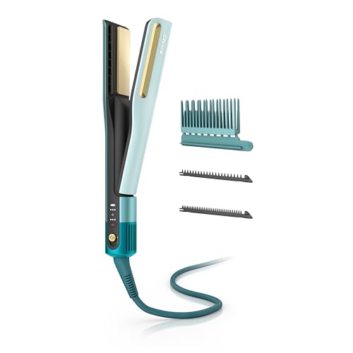 Image of Shark SilkiPro Straight | Wet-to-Dry Straightener + Rapid Blow Dryer | 3 Interchangeable Combs | Ultra-Fast Drying | No Heat Damage | for All Hair Types | Turquoise Wave | HT400BL
