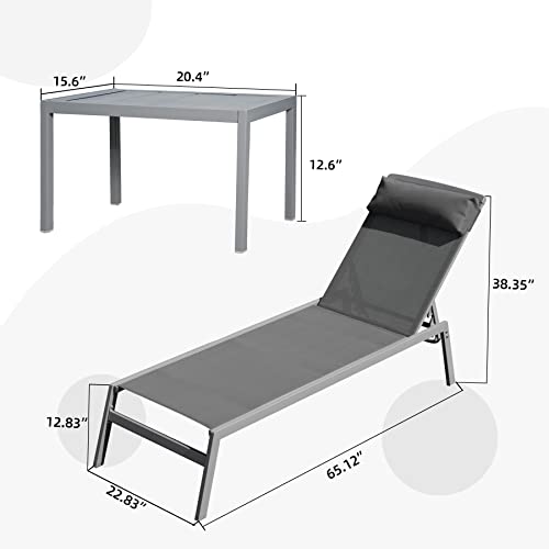 Domi Patio 3 Pieces Aluminum Textilene Chaise Lounge Set With Side Table Outdoor,Adjustable Back&Pillow For Yard,Garden,Sunbathing,For All Seasons,Gray(2022 New) #TOP5