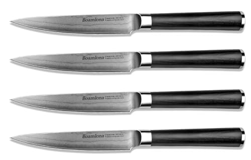 BOAMLONA Steak Knives - Set of 4-9Cr18MoV High Carbon Steel Core - 5" Ultra Sharp Utility Knife Set - Pakka Handle & Case