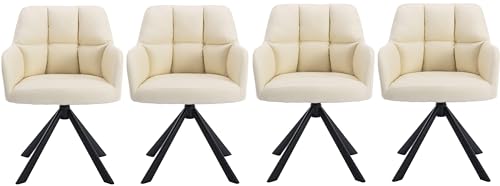 Image of Finch Fox Battle Modern 360 Swivel Mid-Back Arm Faux-Leather Study Upholstered Comfortable Metal Base Computer Office Desk Chair in Cream Color (Set of 4)