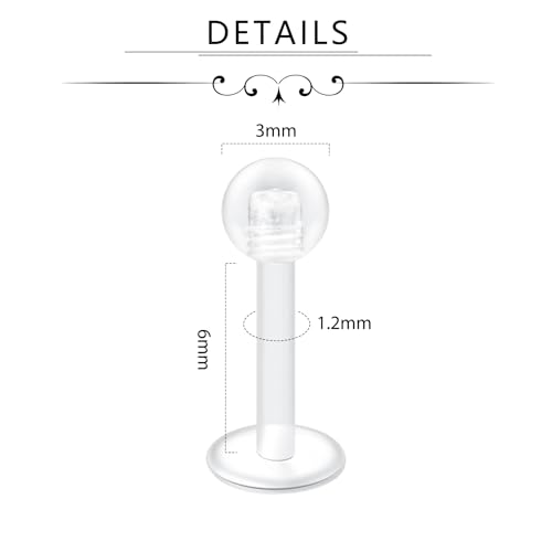 D.Bella Clear Cartilage Earring-16pcs 16G Clear Acrylic Bioflex Tragus Retainer Lip Rings Nose Studs Labret Ear Helix Earring Clear 6mm/8mm/10mm/12mm2