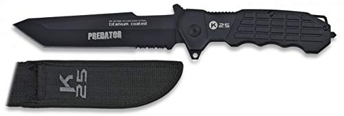 Cuchillo K25 Predator Negro Funda Hoja 14 para Caza, Pesca, Camping, Outdoor, Supervivencia y Bushcraft K25 31768 + Portabotellas de regalo