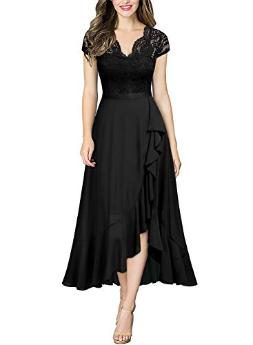 MIUSOL Damen Spitzenkleid Hüfte öffnen Abendkleid Cap Ärmel Cocktailkleid Maxi Partykleid Schwarz M Cover