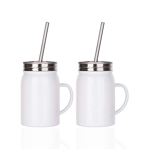 PYD Life 2 PCS Sublimation Blanks Mason Jar Stainless Steel 17 OZ White Mason Sublimation Tumbler Mugs with Lid Metal Straw and Handle for Cricut Mug Press Sublimation Print