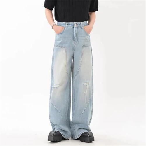 High Street Men’s Denim Pants, Solid Color, Deconstructed Holes Design, Loose Fit Trousers2