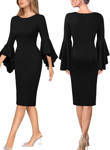 VFSHOW Womens Ruffle Bell Sleeves Business Cocktail Party Bodycon Pencil Sheath Dress3