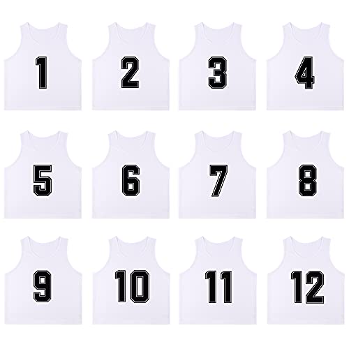 RE-HUO 12 Pack Numbered（1-12） Scrimmage Vests/Sport Pinnies/Training Bibs For Basketball,Soccer, Volleyball and Baseball(white1-12,M)