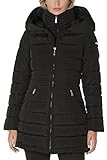 Laundry by Shelli Segal Women's 3/4 Puffer Jacket with Hood and Velvet Trim, Solid Black, Medium