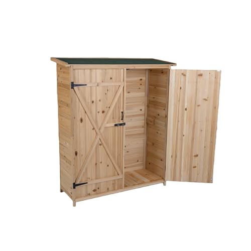 GOPLUS Caseta de Jardín 140 x 51 x 163 CM con Techo Inclinado de Asfalto, Caseta para Herramientas de Madera Maciza con Estantes Desmontables y Puertas con Cerradura, Cobertizo Exterior para Jardín