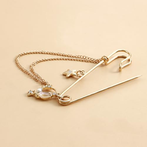 Image of Punk Gold Silver Star Moon Tassel Chain Brooch Sweater Shawl Clips Collar Pin for Women Safety Chain Tassel Broochs