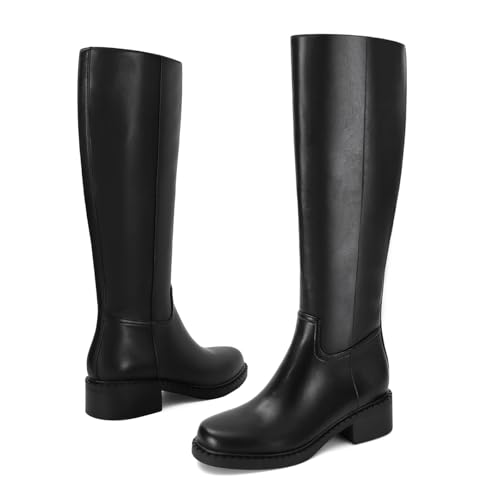 Dsevht Black Knee High Boots for Women Faux Leather Elastic Low Heel Round Square Toe Side Zipper Fall Long Tall Boot4