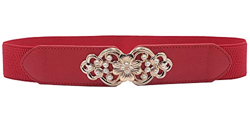 Women's Elastic Stretch Gold Plated Buckle with Pearl Waist Belts for Dress (Red)