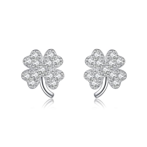 Reffeer Solid 925 Sterling Silver CZ Four Leaf Clover Earrings Stud for Women Teens Sparkle Leaf Stud Earrings