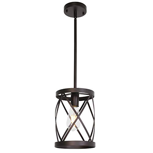 ELUZE One Light Rustic Pendant Lighting Vintage Chandelier Adjustable Mini Pendant with Metal Cage Shade, Oil Rubbed Bronze Finish Farmhouse Ceiling Light Fixture for Kitchen Dining Room Bedroom
