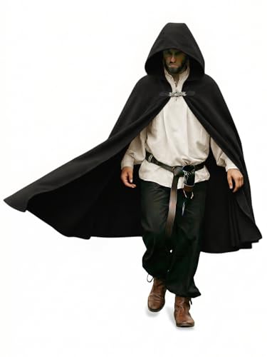 Runcati Mens Renaissance Hooded Cloak Medieval Samurai Witch Vampire Cape Wizard Raven Halloween Costume