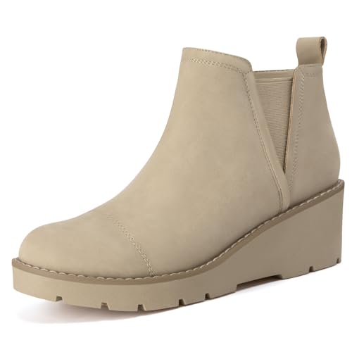 Athlefit Women's Wedge Chelsea Boots Platform Lug Sole Elastic Short Khaki Ankle Booties Size 8