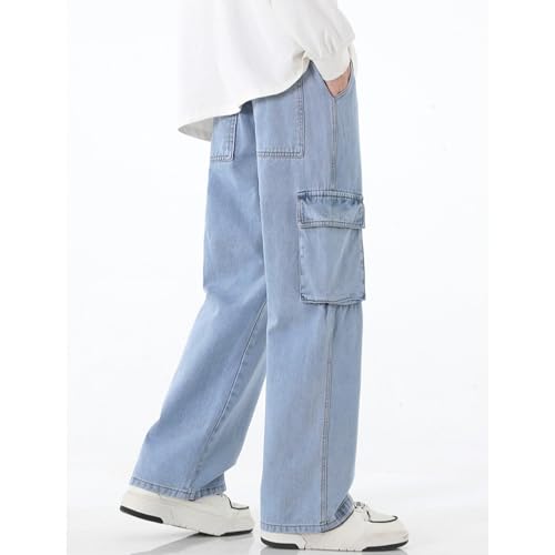 Men's Baggy Straight Leg Denim Pants Loose Vintage Cargo Jeans Waistband Wash Multi-Pocket Jeans3