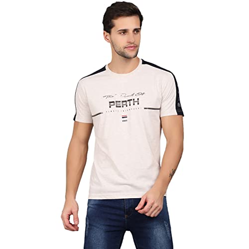 Image of Cantabil Men Off White Cotton Blend Round Neck Half Sleeve Printed T-Shirt (P MTSH00169 ECRUMELANGE)