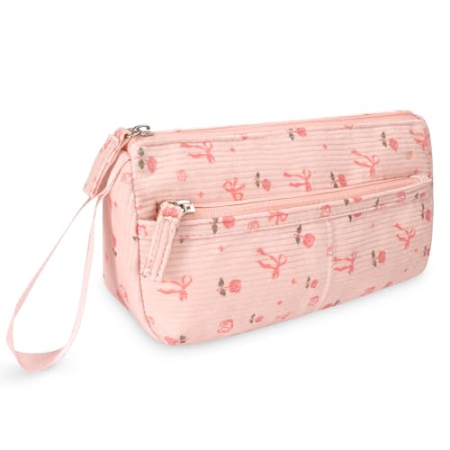 Image of FINPAC Pencil Case, Corduroy Triangle Makeup Bag, Kawaii Pen Bag Pouch Holder Box Organize for Study, Office, or Travel (Pink Rose Bow)
