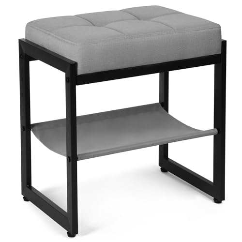 FrexCheng Vanity Stool, Linen Fabric Footstool, Bench with Storage Shelf,