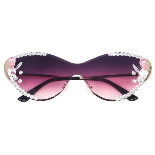 Image of Dervin Cat Eye Sunglasses for Women - UV400 Protection, Rimless Flower Diamond-Cut Lens, Trendy Driving Shades for Women