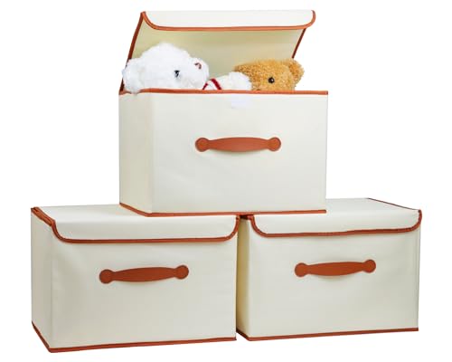 Large 25 Quart Lidded Storage Bins Cubes with Lid & Pu Leather Handle, 3 Pack Fabric Foldable Storage Bin Organizer Basket, Closet Organizer Containers Boxes for Clothes, Wardrobe