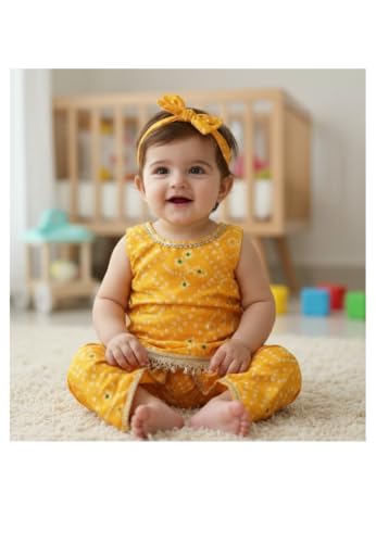 Image of The Root And Craft Kids Birthday Photoshoot Outfit Dress Girls Bandhani printed Top With Dhoti pant & Hairband Born Baby Photography Photoshoot Props(0to 18 Month)