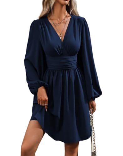 Vangreynve Damen Minikleid V-Ausschnitt A-Linie Kleider Elegant Hohe Taille Langarm Freizeitkleid Lange Ärmel-Blau 1 S