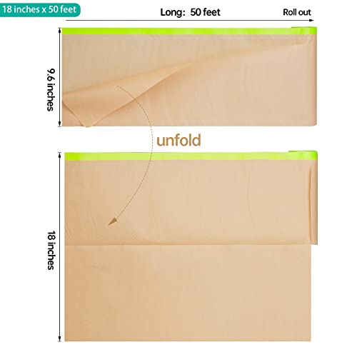 Pre-Taped Masking Paper For Painting - 18 Inch X 50 Feet Tape And Drape Painters Paper, Paint Adhesive Protective Paper Roll For Covering Skirting, Frames, Cars And Auto Body (4 Rolls) #TOP1