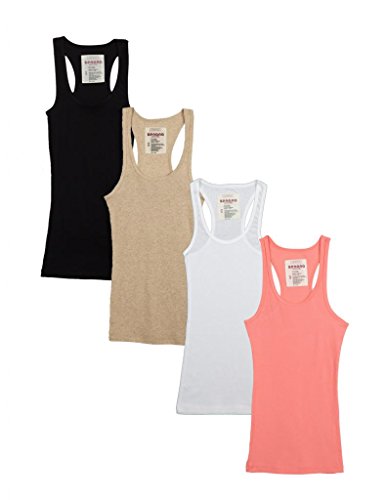 Zenana Outfitters 4 Pack Womens Basic Ribbed Racerback Tank Top BLACK/WHITE/HBEIGE/CORAL M