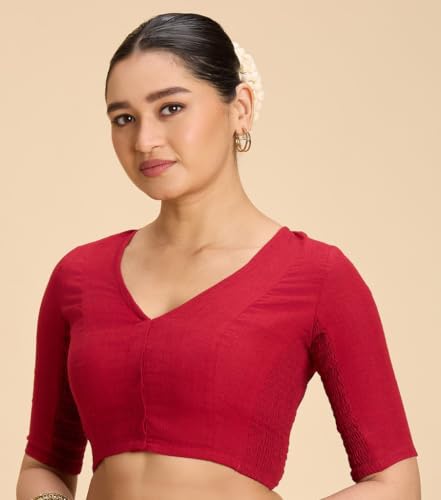 Image of Studio Shringaar Women's Thick Handloom Cotton Plain Side Stretch (Smocked) Readymade Saree Blouse