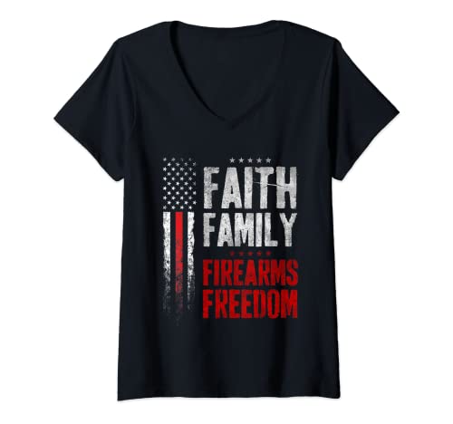 Womens Faith Family Firearms Freedom Vintage US Flag V-Neck T-Shirt