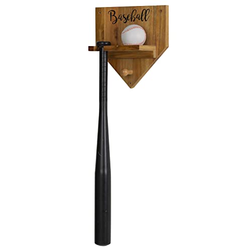 Mygift Wall Mounted Acacia Wood Home Base Shaped Baseball Display Rack With Bat Slot, Ball Holder And Hanging Peg For Cap Or Glove #TOP3