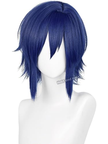 Image of Half and Half Short Dark Blue Anime Cosplay Wig for Men Deep Blue Virtual Singer Male Costume Wigs with Bangs for Women Unisex Halloween Party