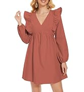 FANCYINN Women's Summer Casual Babydoll Mini Dress Ruffle Sleeveless Deep V Neck High Waist Pleat...