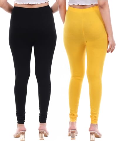 Image of TPF Women Solid Cotton Lycra 4 Way Stretchable Leggings | Combo Pack of 2 Comfortable Churidar-Length Slim Fit Leggings for Women & Girls