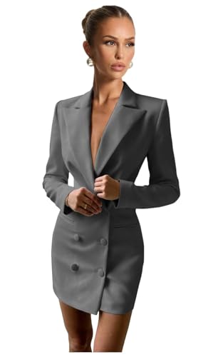 Blazer Dress for Women Sexy Petite Double Breasted Skirt Suit Dark Grey Blazer Dress Elegant Long Sleeve Frock Suit Fashion Outfits Size X-Small