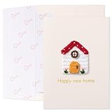 Crisky Happy New Home Card 5x7 Inch with Crochet House Patch – Handmade Funny Congratulations Greeting Card New Housewarming Card for Friends, Housewarming Gift, Includes Envelope（Love Key Design）