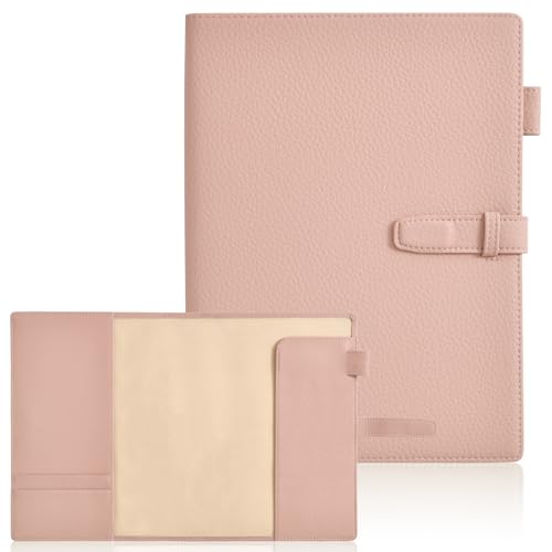 A5サイズ ノートカバーブックカバー ノート/メモパッド対応 ペンホルダー・しおり・カード入れ付き 手帳式ハードカバー 横開き合皮 軽量設計(ベージュピンク)