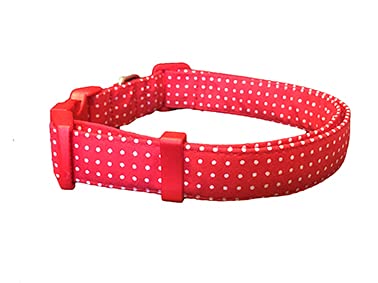 IZALA DOG, Collar perro grande, perro pequeño, para cachorros. Modelo Rojo Topitos. Ajustable y de uso diario. Hecho a mano en España. Collar de perro de Nylon forrado en tejido (M)