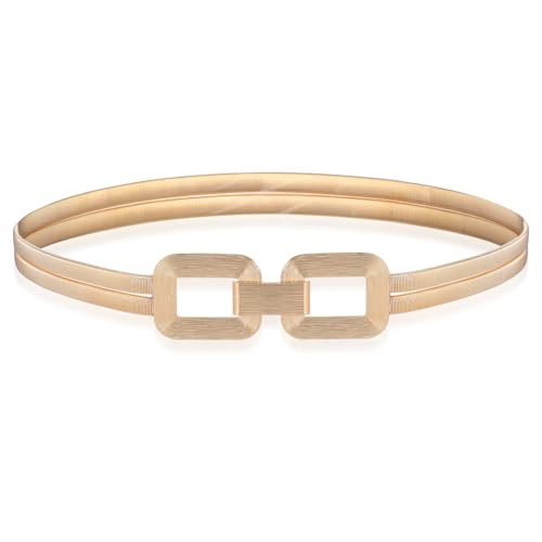 Prasacco Gold Belt Strech Metal Belts Hollow Out Chain Belt with Double Rectangle Buckle Gold Belts for Women Dresses Waist Accessories