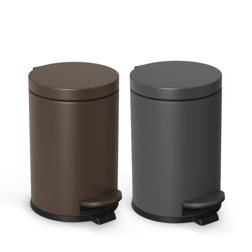 Image of Cesun 1.2 Gallons Small Brown Trash Can, Bathroom Garbage Can with Lid and Foot Pedal, Mini Round Wastebasket for Bathroom, Bedroom, Office, 4.5 Liters / 1.2 Gallons, Brown