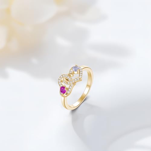 Birthstone Mother Promise Rings Solid 10k 14k 18k Gold Engraved 2 Names Customized 2 Birthstones Christmas For Mom Wife Lover2