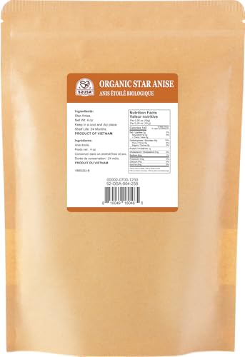52USA Organic Star Anise, 4 Ounce (Pack of 1), NON-GMO Verified Chinese Star Anises Whole, Dried Star Anise Pods for Tea and baking