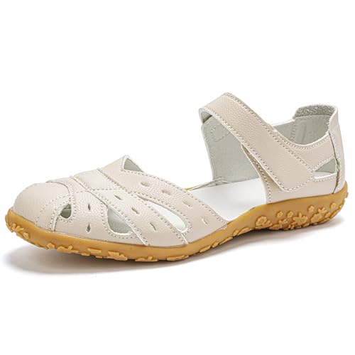 Women's Casual Closed Toe Sandals Leather Hollow Out Orthopedic Sandals for Summer Beach Outdoor