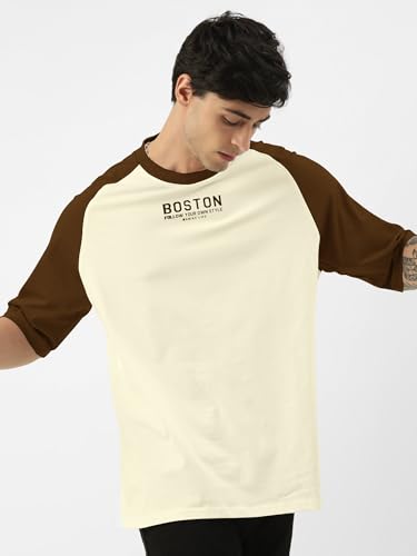 Image of Maniac Men's Printed Raglan Round Neck Half Sleeve Oversized T-Shirt | Raglan sleeve, oversized cut