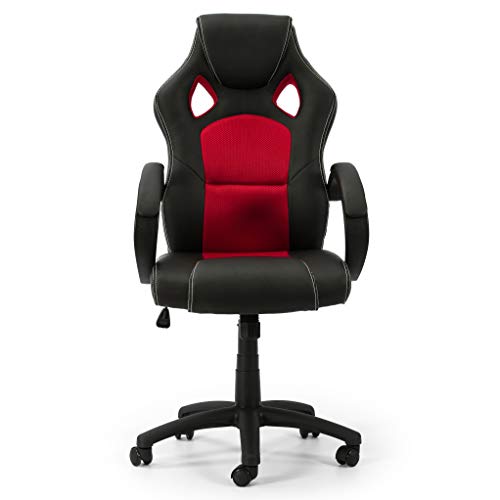 VS Venta-stock Sillón de Oficina elevable y reclinable Hamilton tapizado con Piel sintética y Tela de Rejilla, Color Negro y Rojo, reposabrazos Acolchado