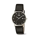 Schwarzes Ziffernblatt mit silbernen Zeigern, arabischen Ziffern, kleinen silbernen Indizes und dem Boccia-Logo