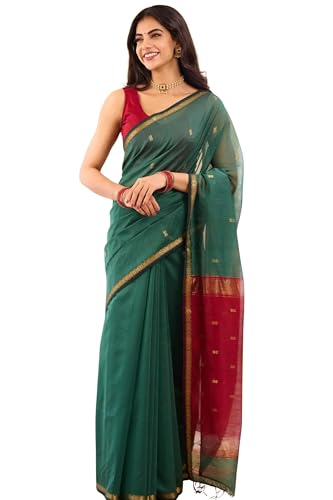 Image of ZECVA Women's Pure Soft Spun Cotton Lichi Silk Saree For Women With Attach Unstitch Blouse Piece
